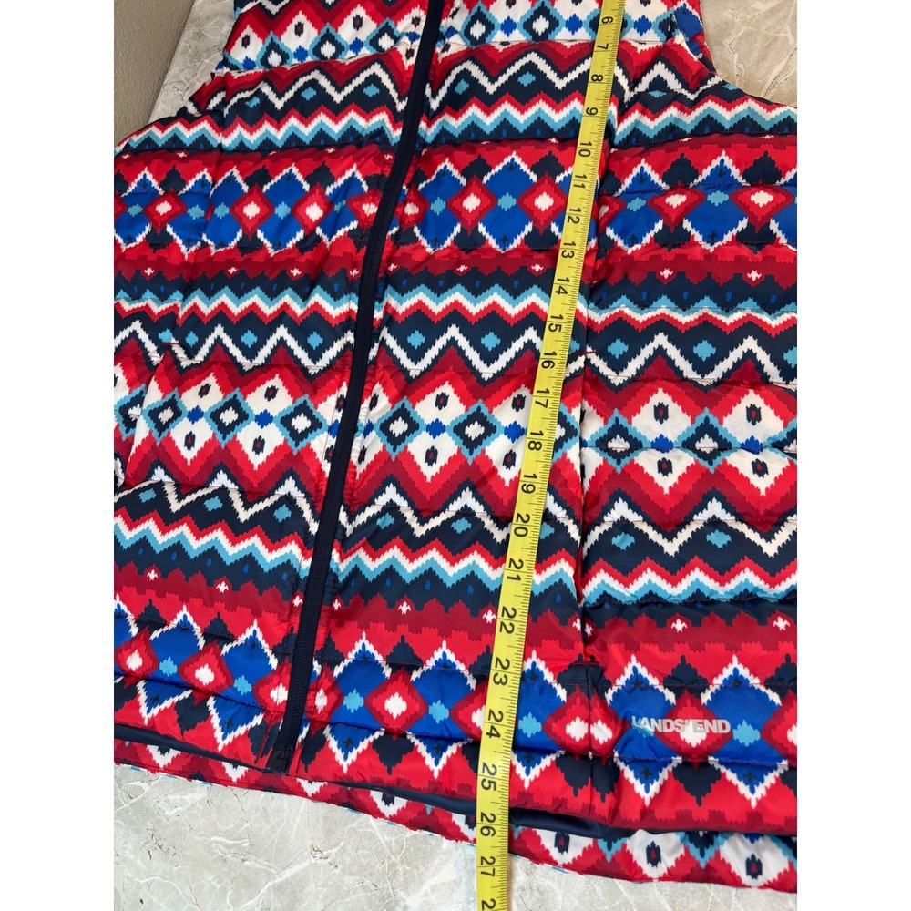 Lands' End Down Puffer Vest Womens L Tall Red Blue White Geometric Aztec Pattern - Picture 9 of 9